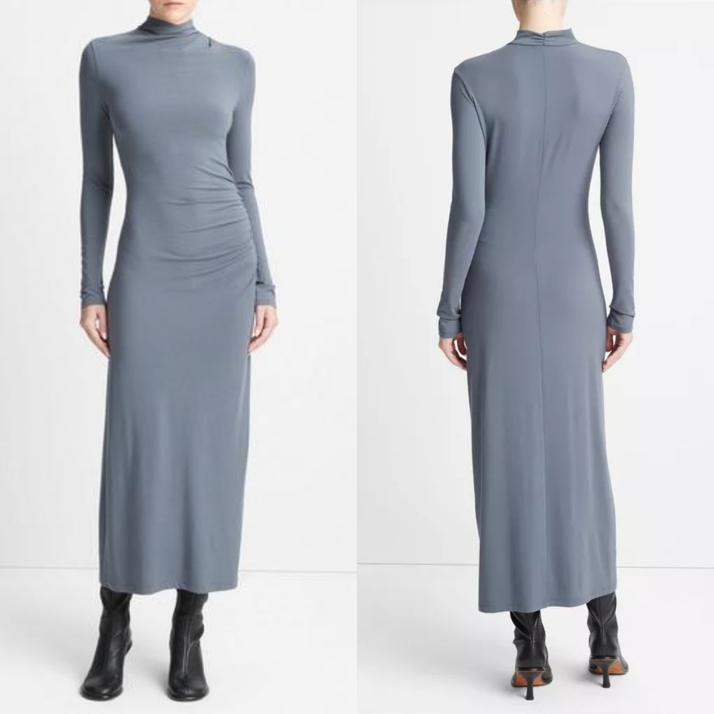 Vince Size XS Ruched Long-Sleeve Turtleneck Stretchy Dress in Pacific Azure Gray